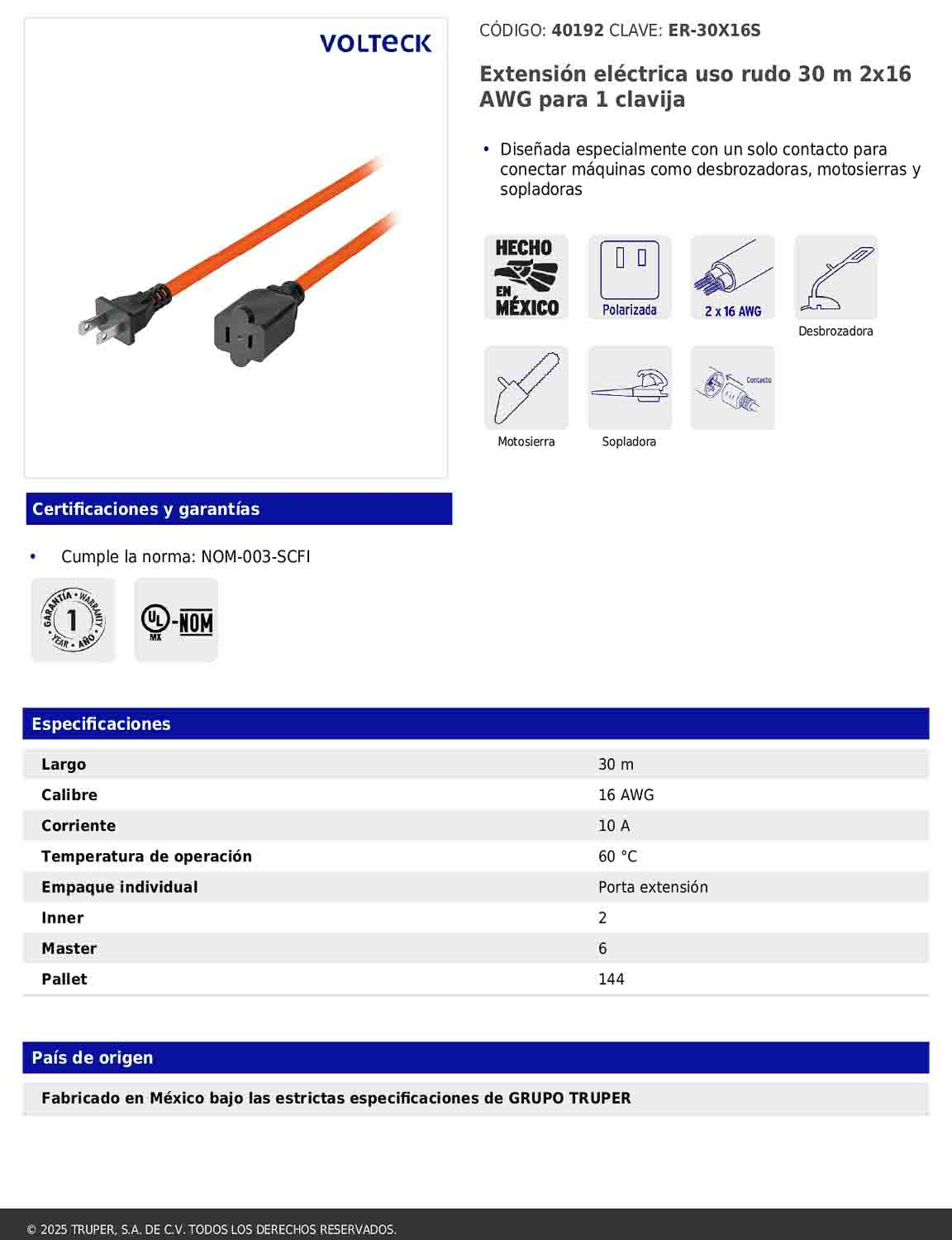 Extensión eléctrica de uso rudo de 30 m con calibre 2x16 AWG para una clavija