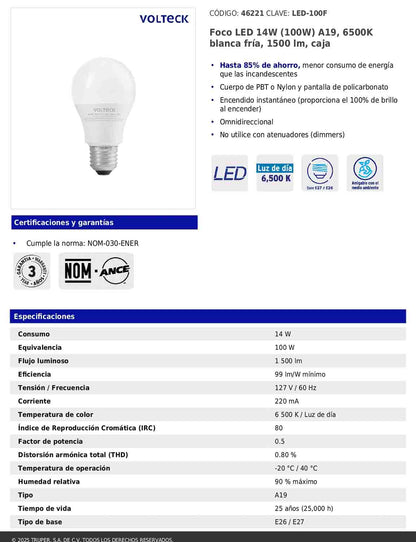 Foco LED 14W A19 6500K blanca fría 1500 lm