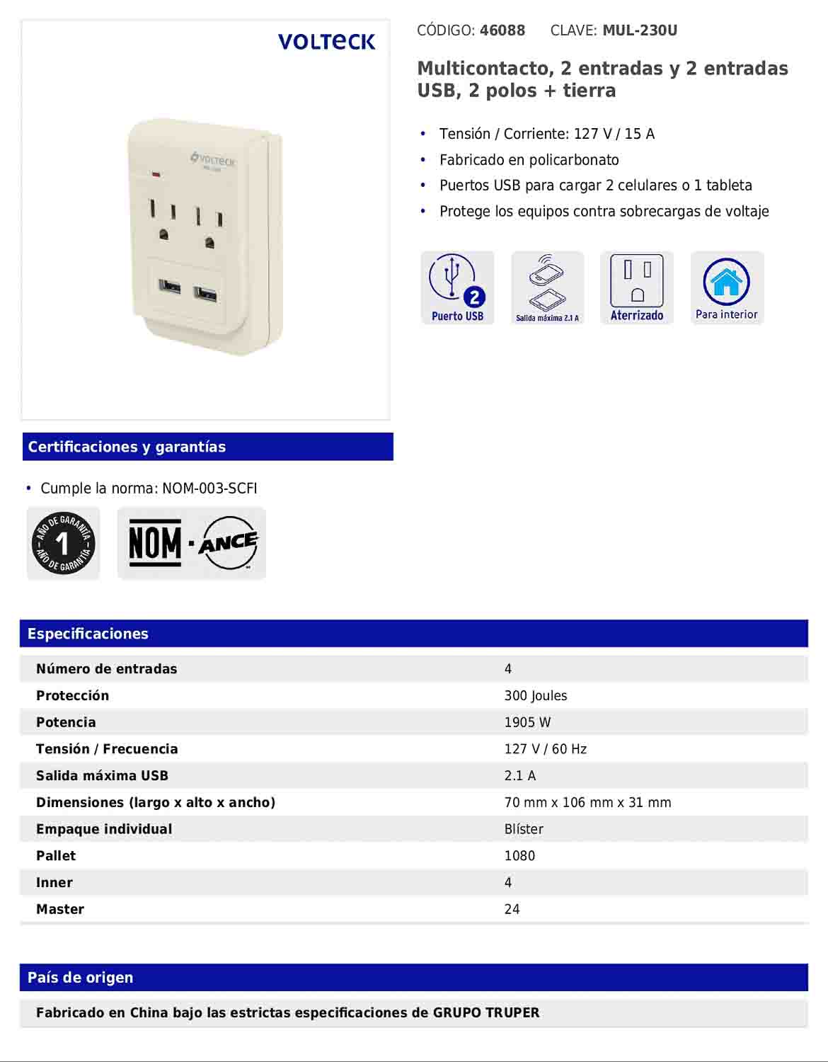 Multicontacto de 4 entradas con 2 puertos USB de 127 V y 15 A con protección de 300 J