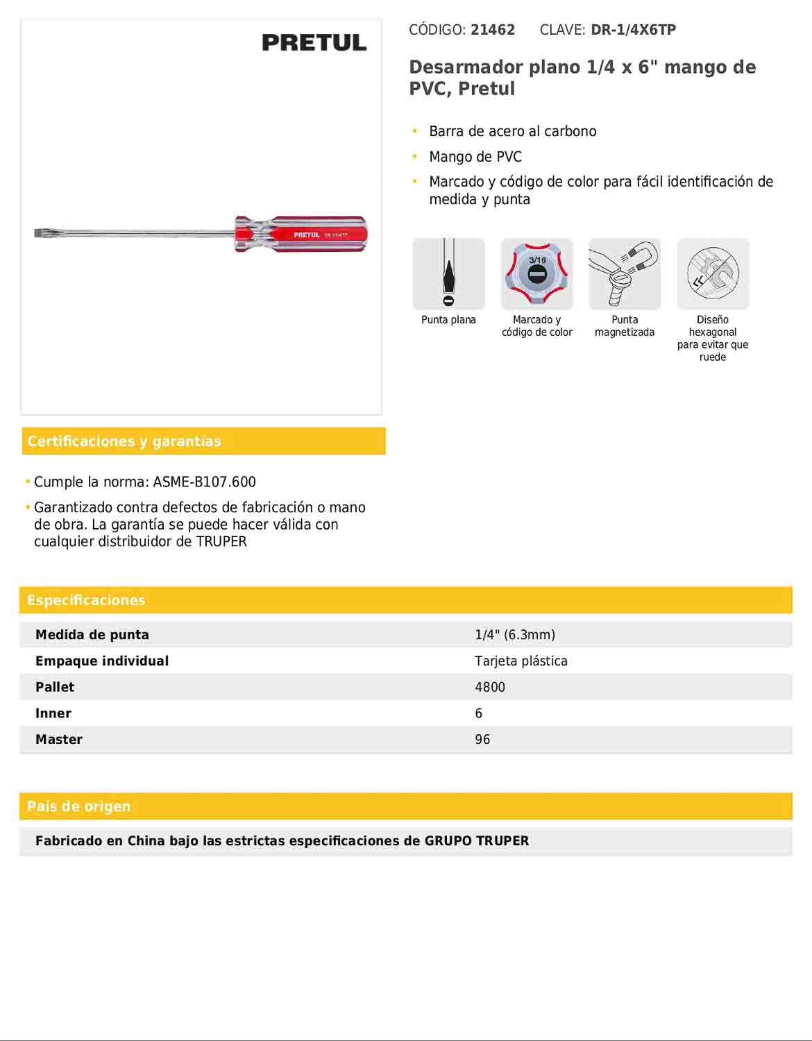Desarmador plano de 1/4 x 6 con mango de PVC