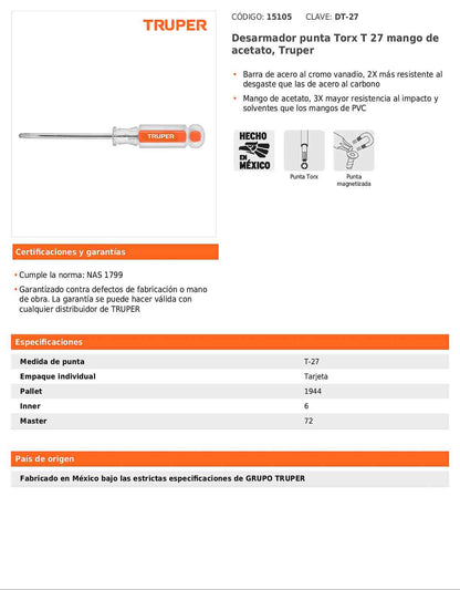 Desarmador Torx T-27 con barra de 10.16 cm y mango de acetato