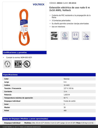 Extensión eléctrica de uso rudo de 6 m con calibre 2x16 AWG