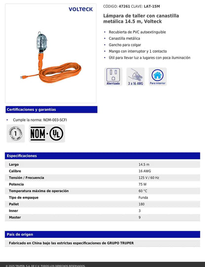 Lámpara de taller con canastilla metálica 14.5 m