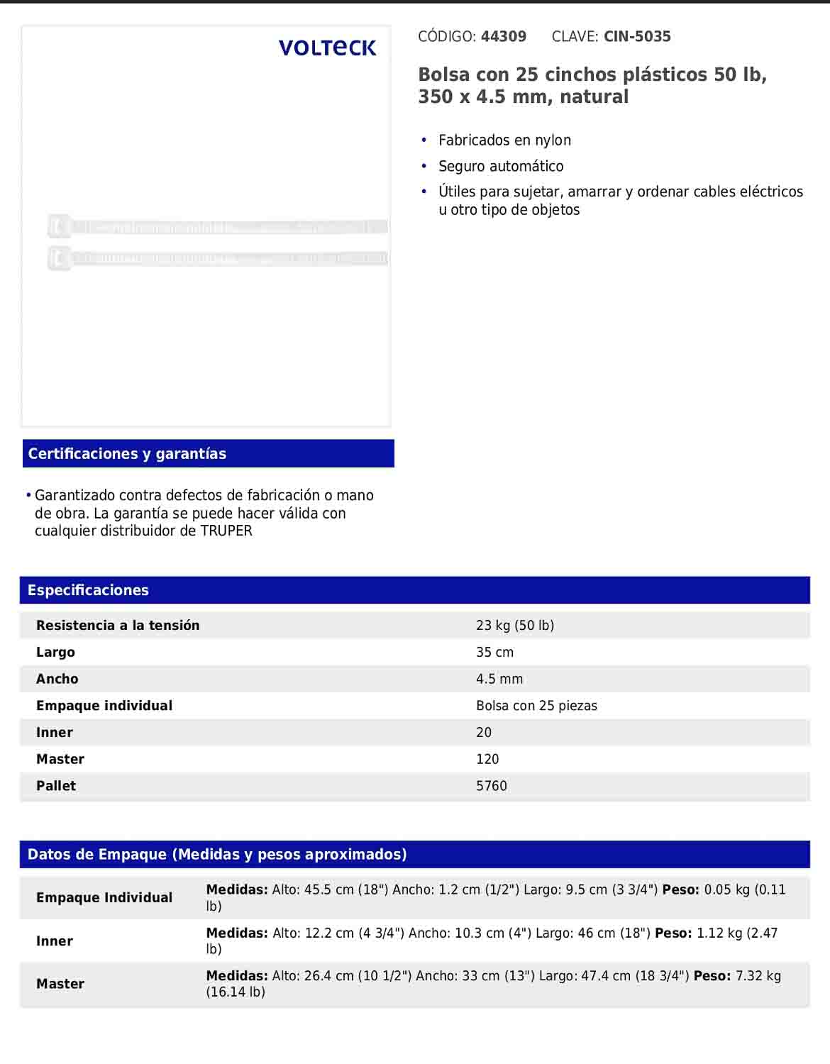 Bolsa con 25 cinchos plásticos de 50 lb de 35 cm de largo y 4.5 mm de ancho en color natural