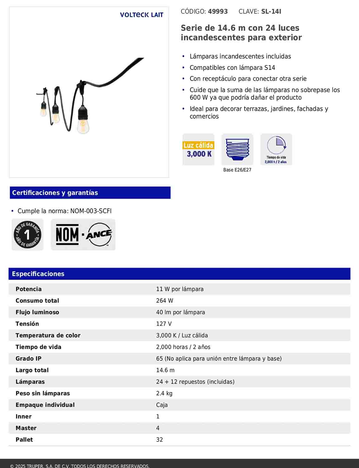 Serie de luces incandescentes de 14.6 m con 24 lámparas para exterior