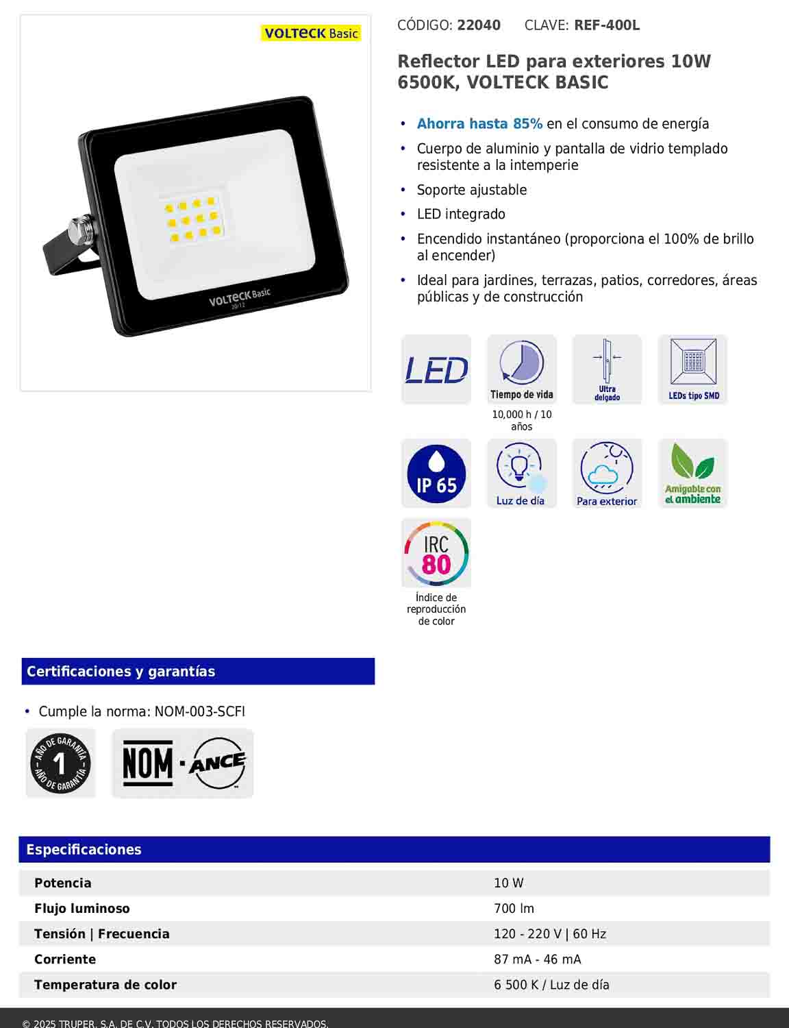 Reflector LED para exteriores de 10 W con luz de día