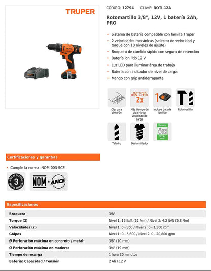 Rotomartillo inalámbrico de 3/8 in con batería 12 V y dos velocidades