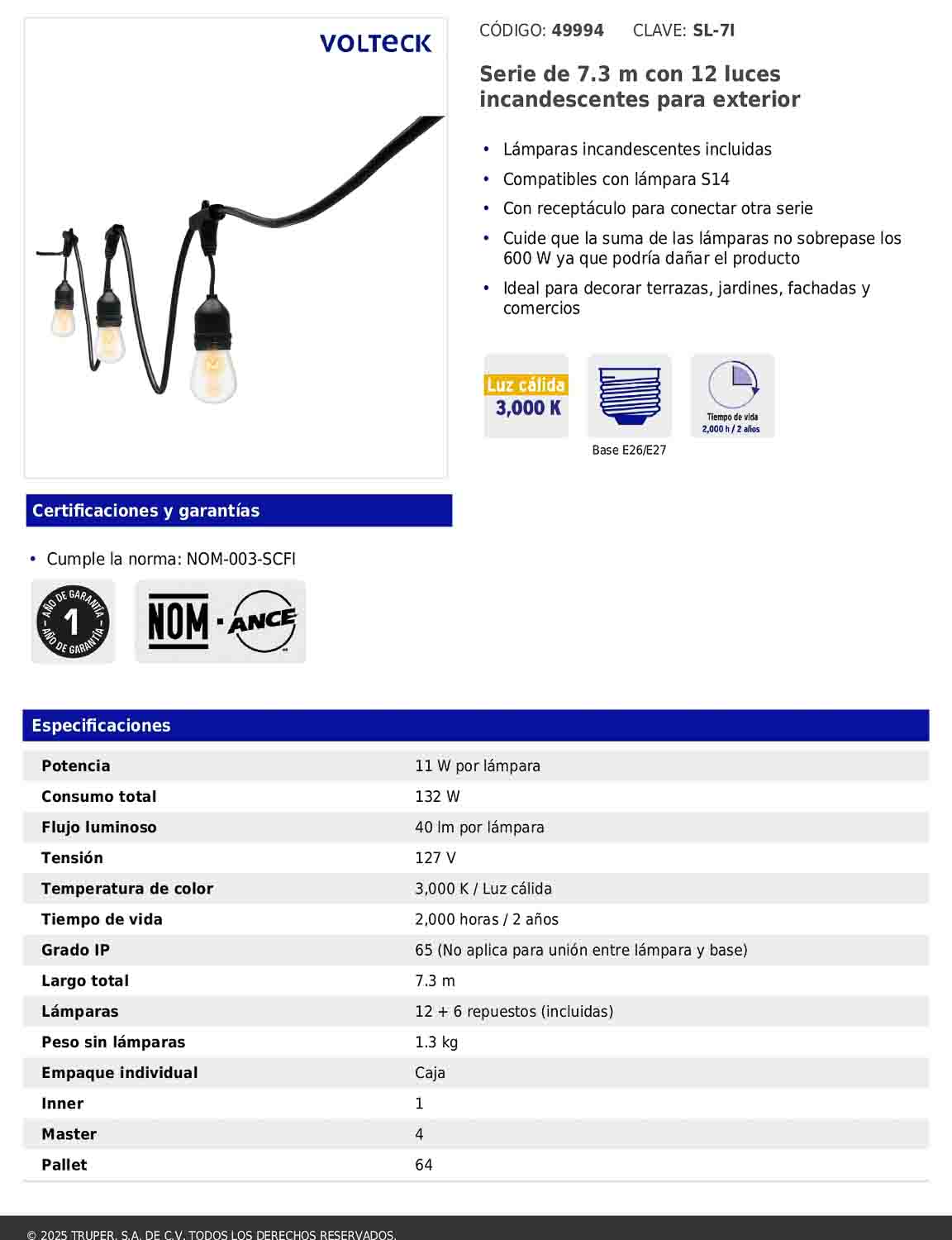 Serie de luces incandescentes de 7.3 m con 12 lámparas para exterior