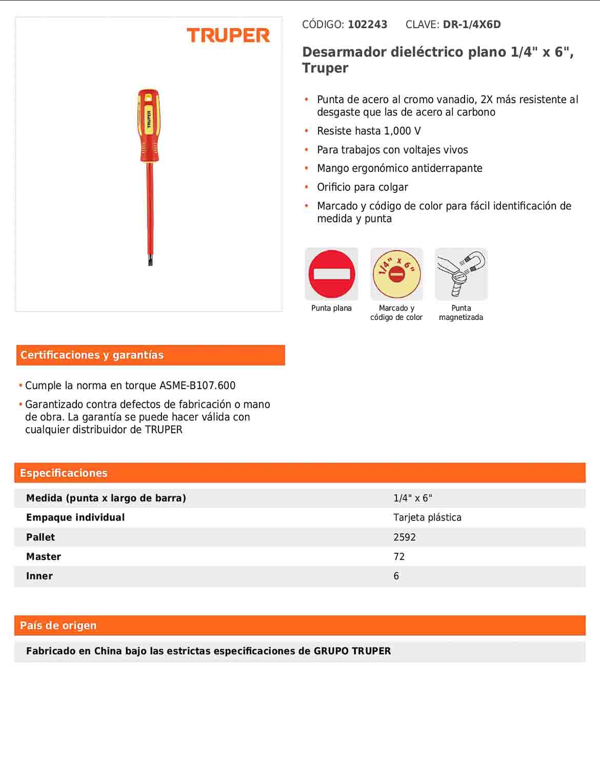 Desarmador dieléctrico plano de 1/4 x 6
