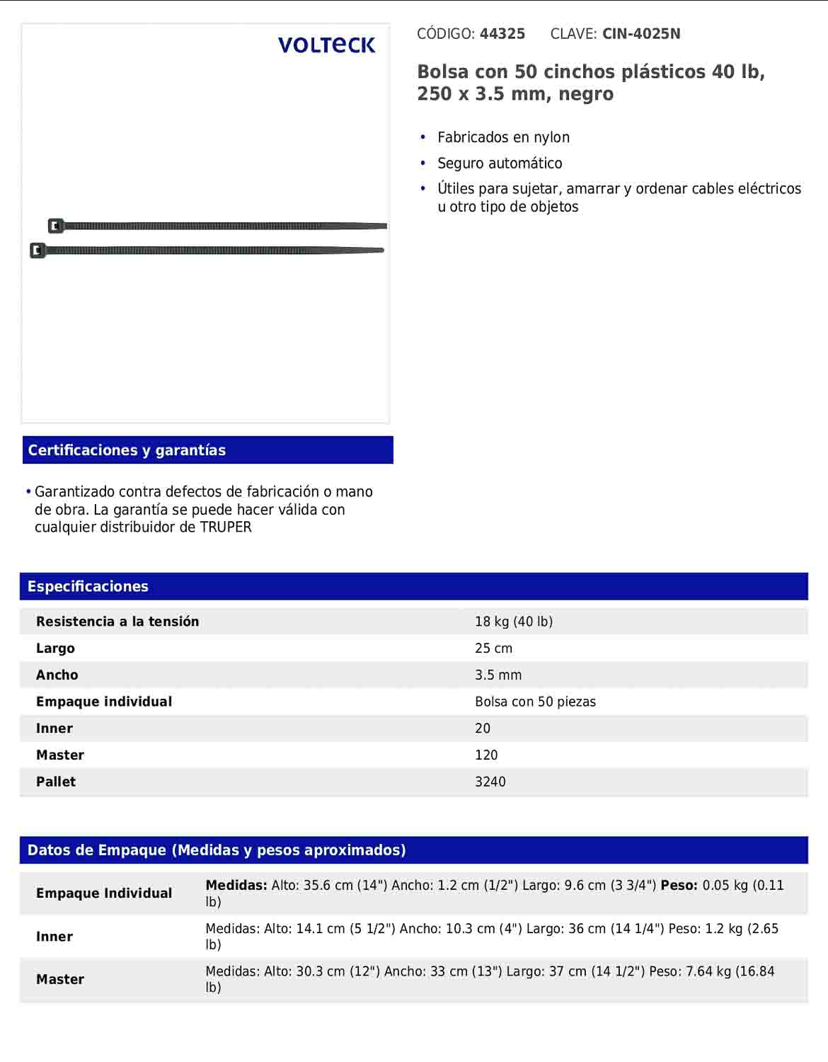 Bolsa con 50 cinchos plásticos 40 lb 250 x 3.5 mm negro