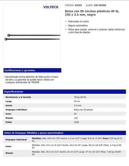 Bolsa con 50 cinchos plásticos 40 lb 250 x 3.5 mm negro