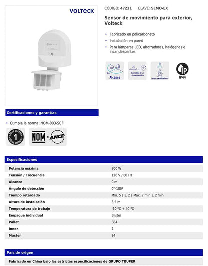Sensor de movimiento para exterior de 120 V y 800 W