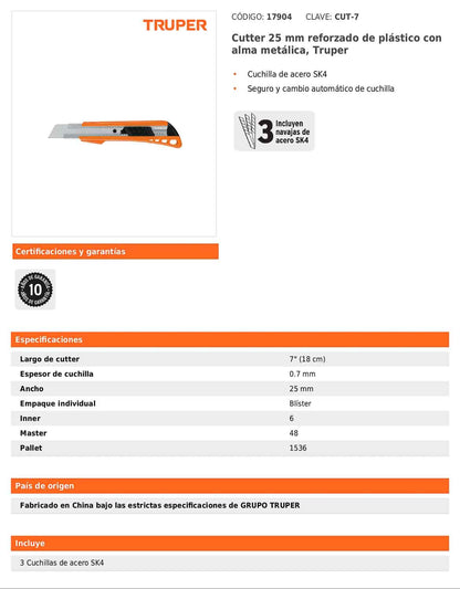 Cutter reforzado de 25 mm de plástico con alma metálica