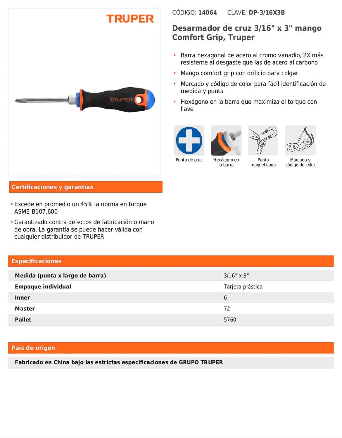 Desarmador de cruz de 3/16 con barra de 7.62 cm y mango Comfort Grip