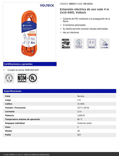 Extensión eléctrica de uso rudo de 4 m con calibre 2x16 AWG