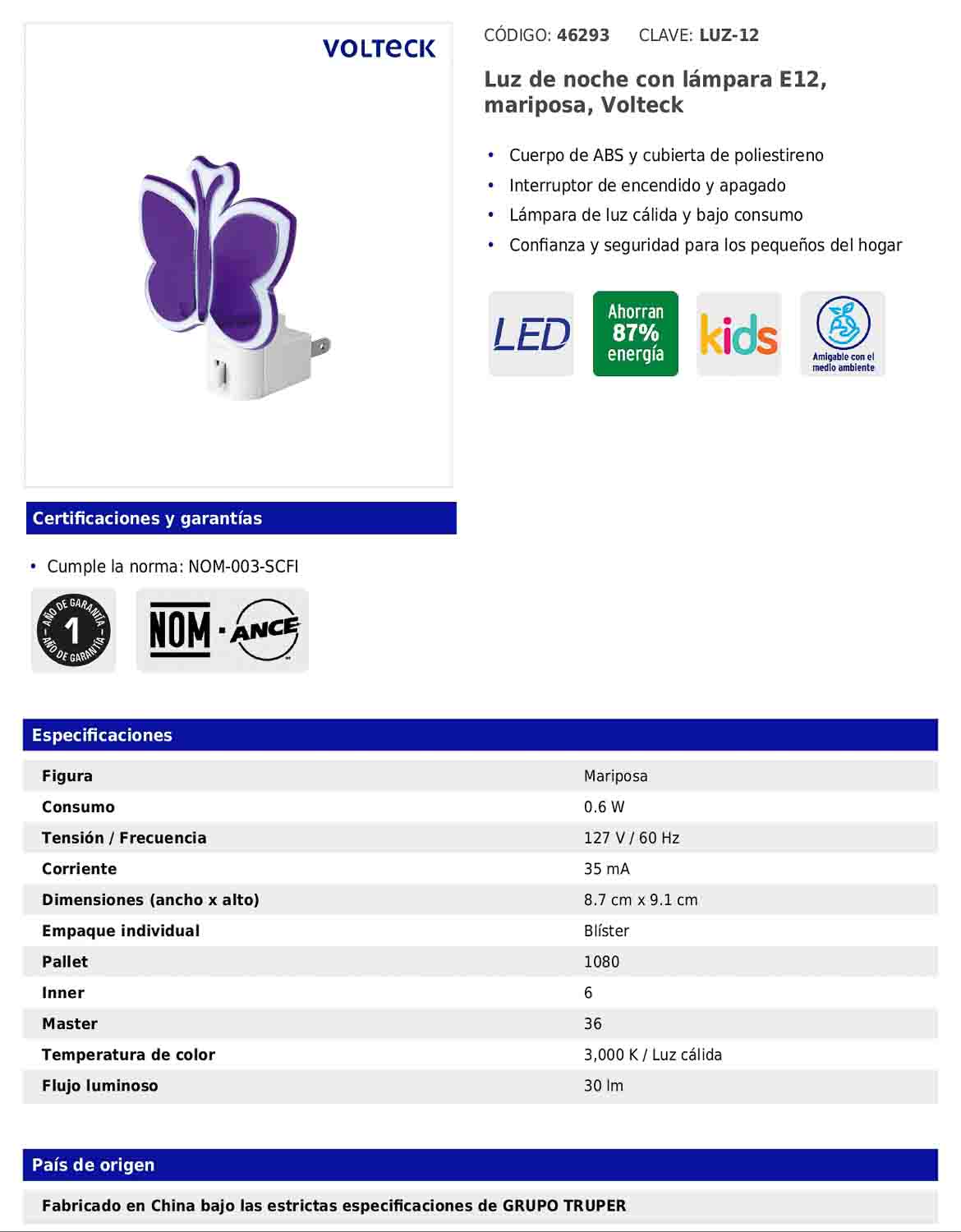 Luz de noche con lámpara E12 con figura de mariposa