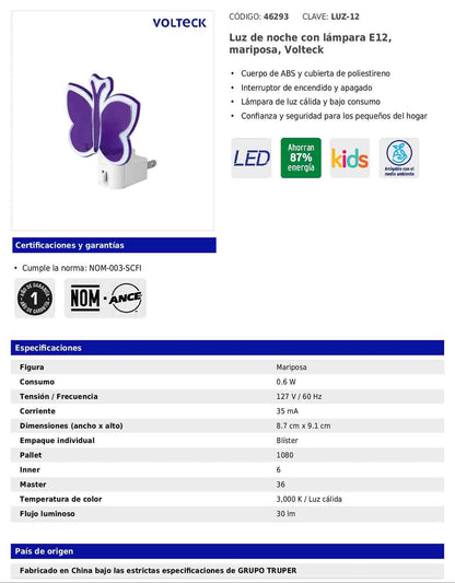 Luz de noche con lámpara E12 con figura de mariposa