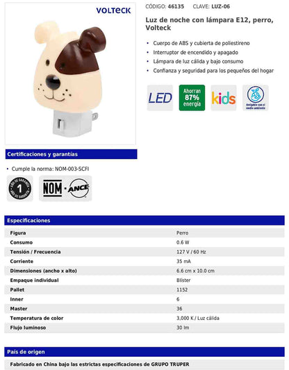 Luz de noche con lámpara E12 con figura de perro