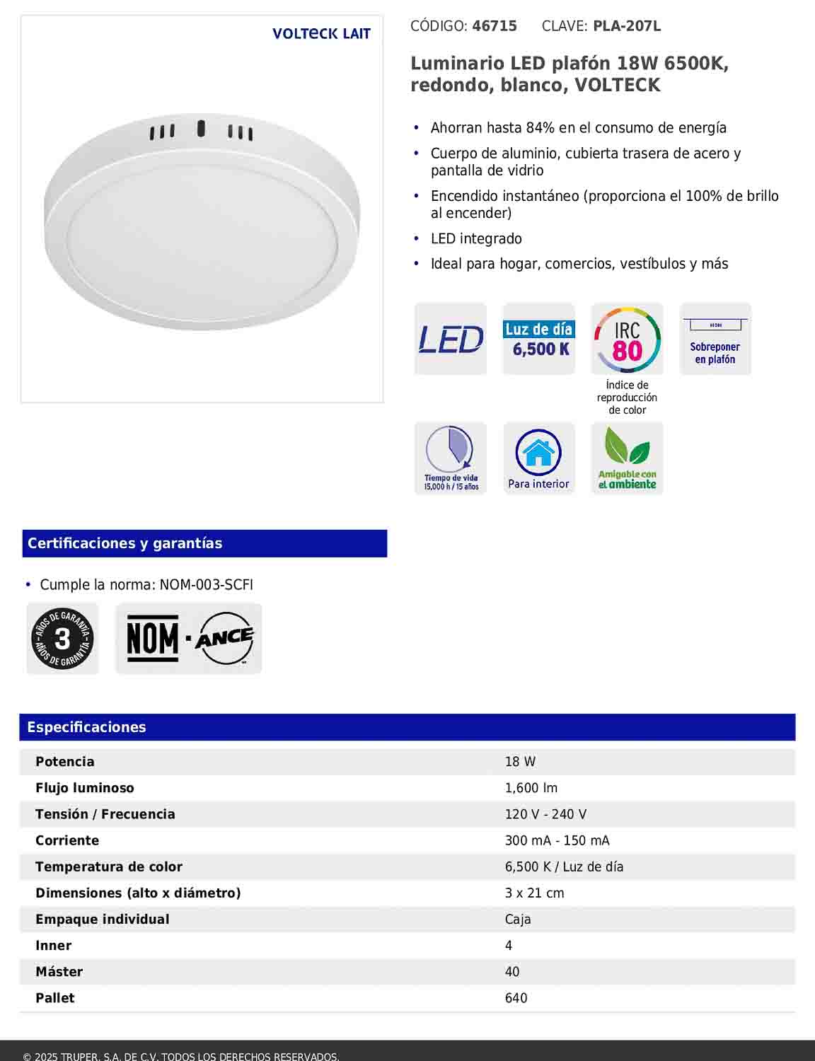 Luminario LED plafón de 18 W con luz de día redondo