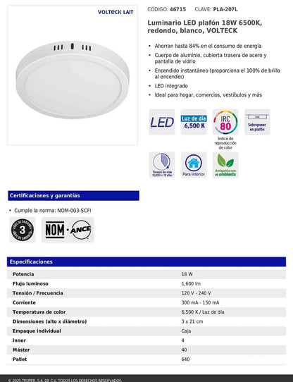 Luminario LED plafón de 18 W con luz de día redondo