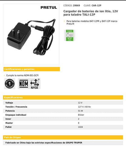 Cargador de baterías de ion litio de 12 V para taladro TALI-12P