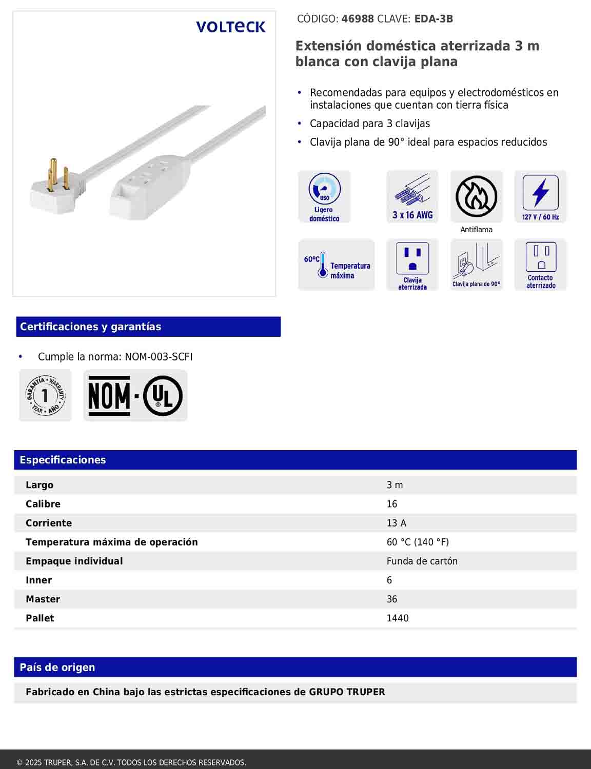 Extensión doméstica aterrizada de 3 m con clavija plana blanca