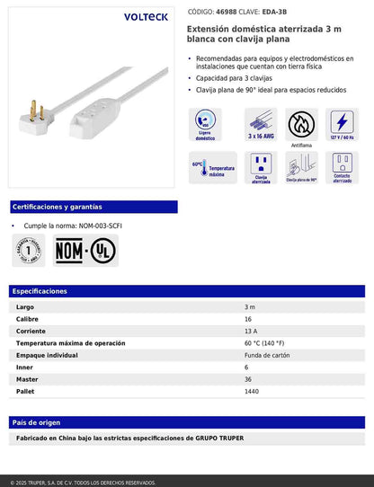 Extensión doméstica aterrizada de 3 m con clavija plana blanca