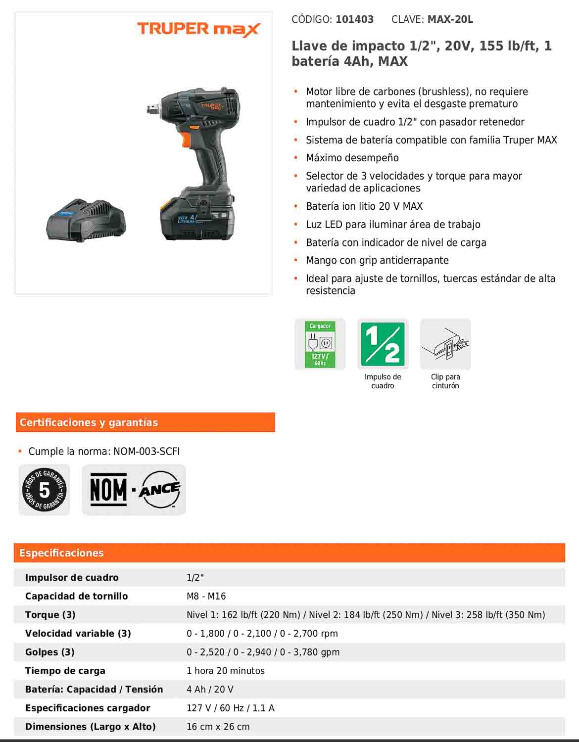 Llave de impacto inalámbrica de 1/2 in con batería 20 V y tres velocidades
