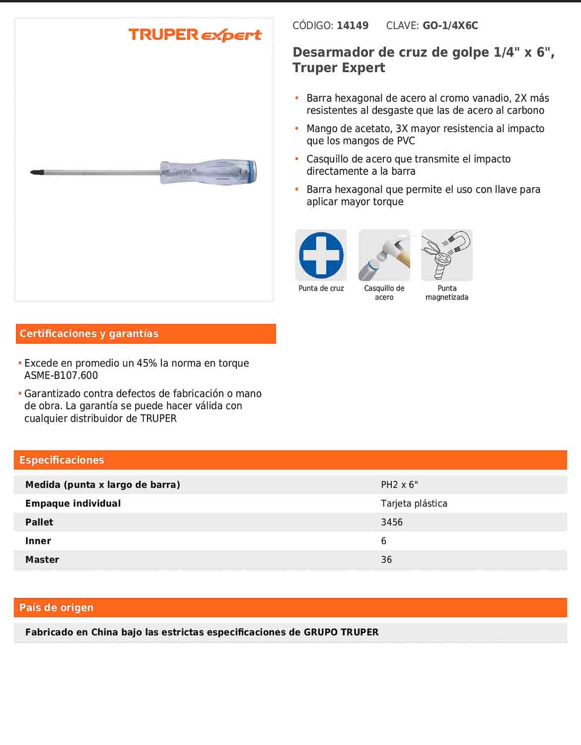 Desarmador de cruz de golpe de PH2 x 6 con barra hexagonal