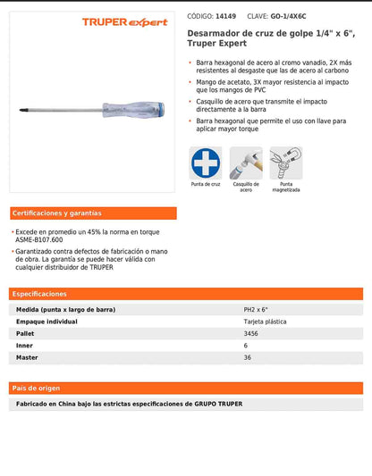 Desarmador de cruz de golpe de PH2 x 6 con barra hexagonal
