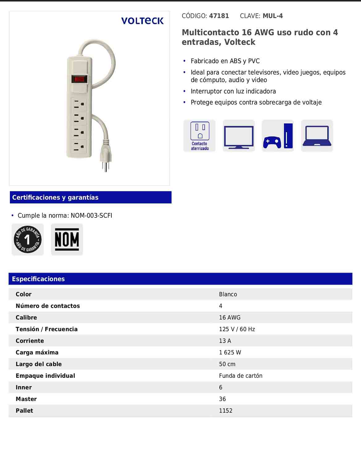 Regleta multicontacto de 4 entradas calibre 16 AWG para uso rudo