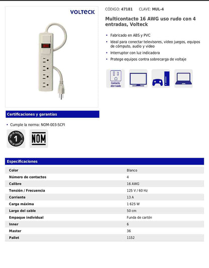 Regleta multicontacto de 4 entradas calibre 16 AWG para uso rudo
