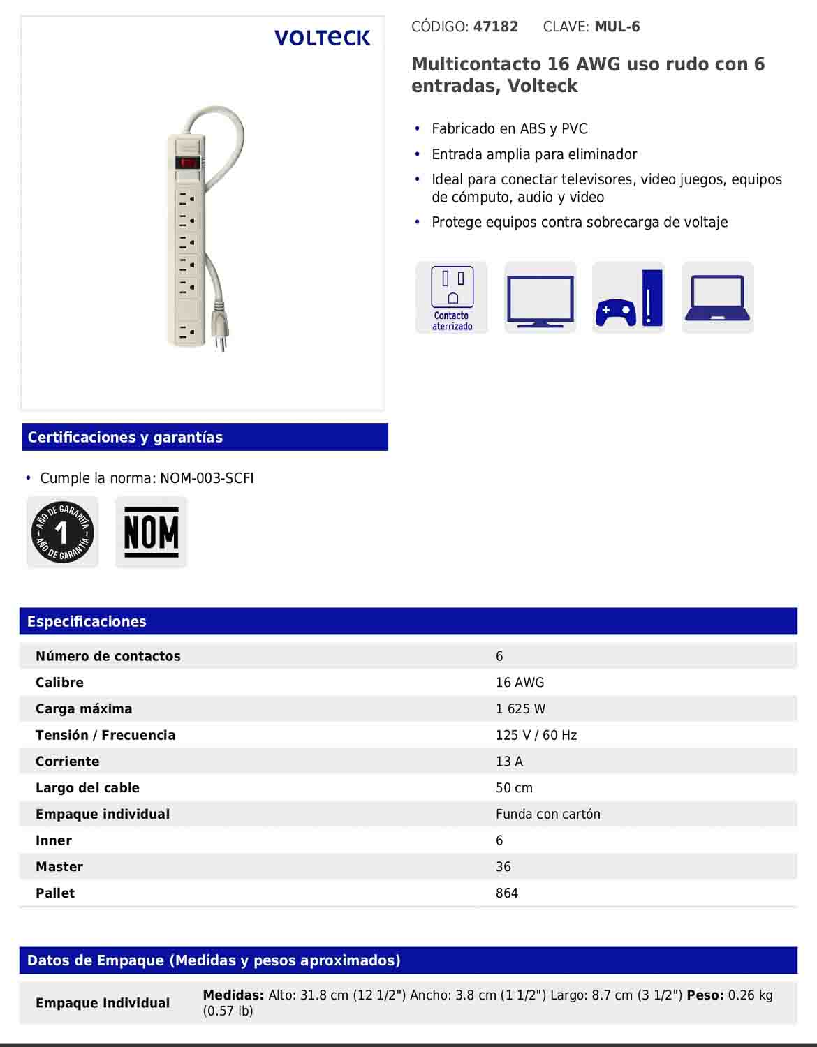 Regleta multicontacto de 6 entradas calibre 16 AWG para uso rudo