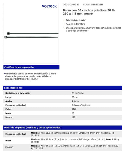 Bolsa con 50 cinchos plásticos 50 lb 250 x 4.5 mm negro