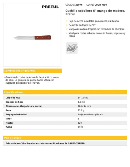 Cuchillo cebollero de 6 pulgadas con mango de madera