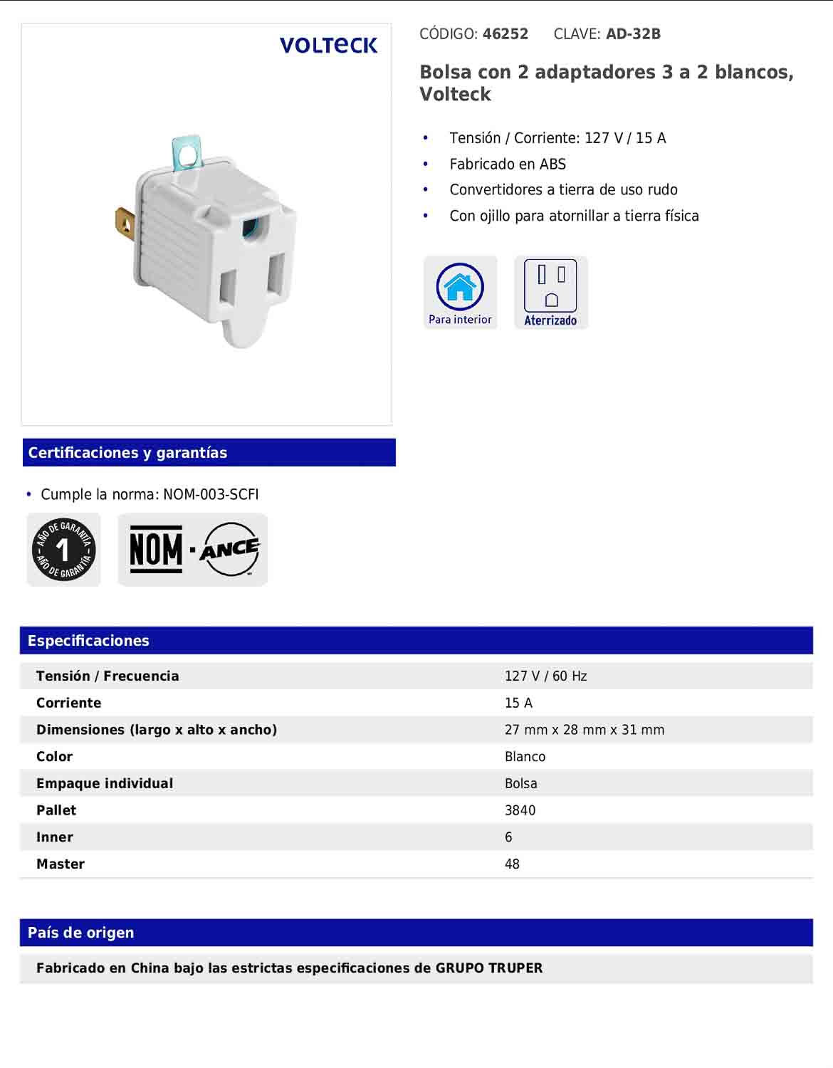 Bolsa con 2 adaptadores 3 a 2 blancos de 127 V y 15 A