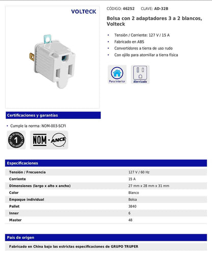 Bolsa con 2 adaptadores 3 a 2 blancos de 127 V y 15 A