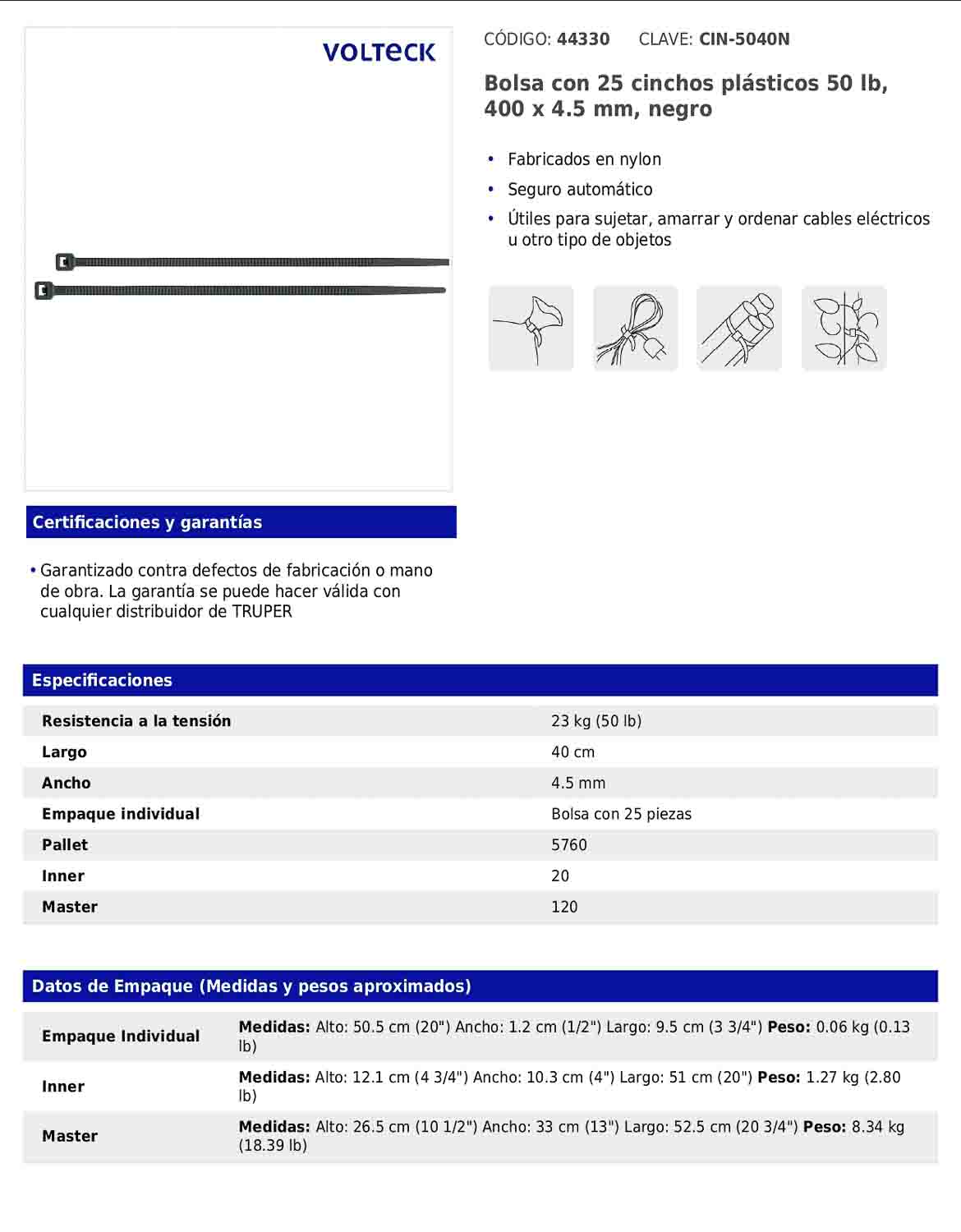 Bolsa con 25 cinchos plásticos de 50 lb de 40 cm de largo y 4.5 mm de ancho en color negro