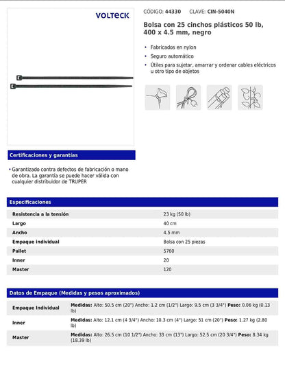 Bolsa con 25 cinchos plásticos de 50 lb de 40 cm de largo y 4.5 mm de ancho en color negro