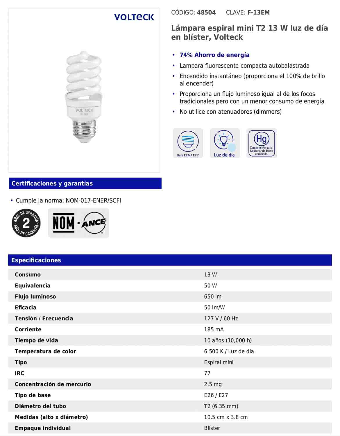 Lámpara espiral mini T2 de 13 W con luz de día
