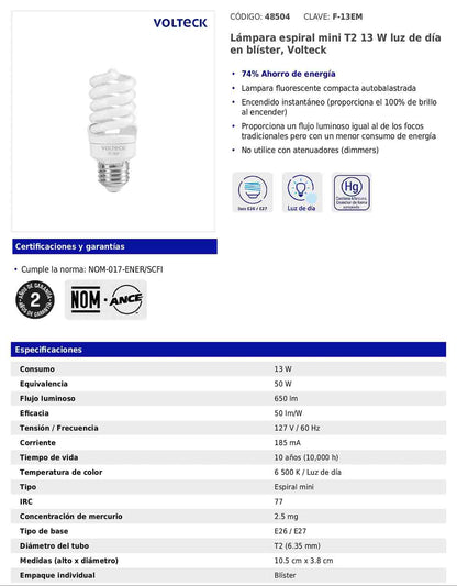 Lámpara espiral mini T2 de 13 W con luz de día