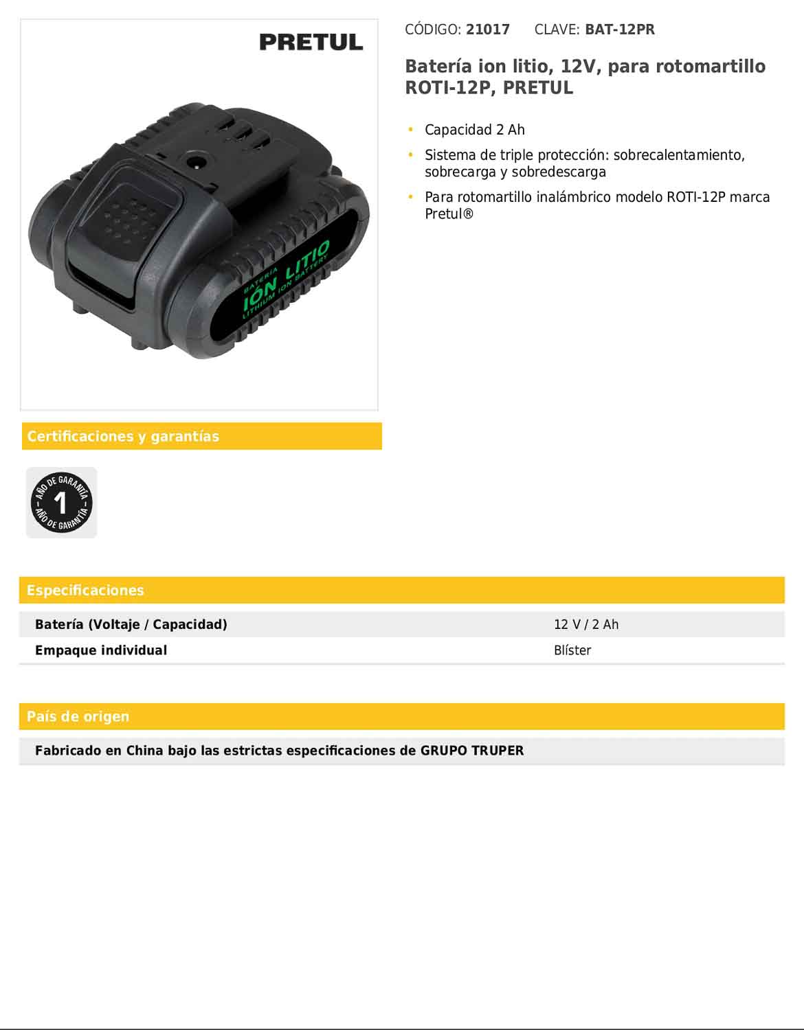 Batería de ion litio de 12 V con capacidad de 2 Ah