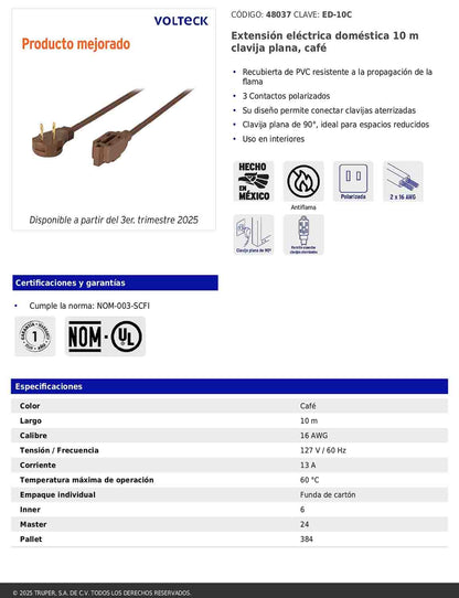 Extensión eléctrica doméstica de 10 m con clavija plana café