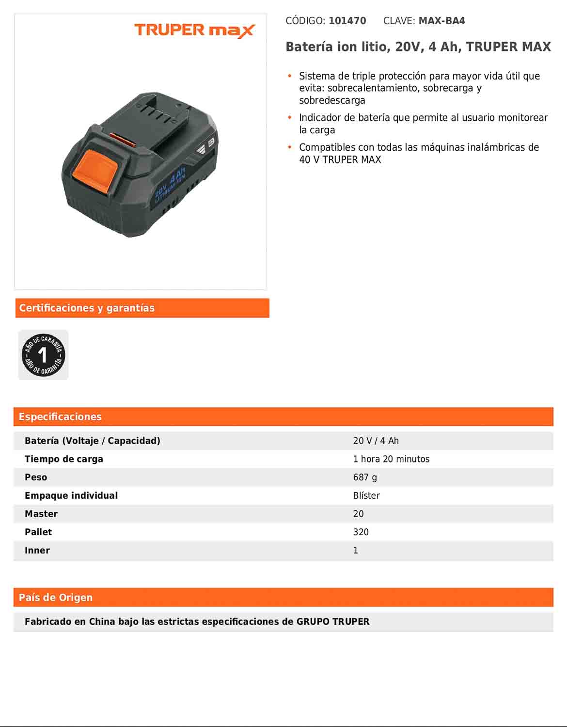 Batería de ion litio de 20 V con capacidad de 4 Ah