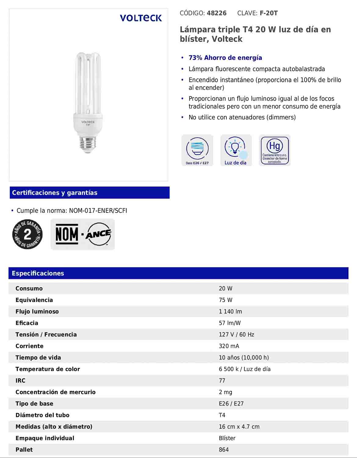Lámpara triple T4 de 20 W con luz de día