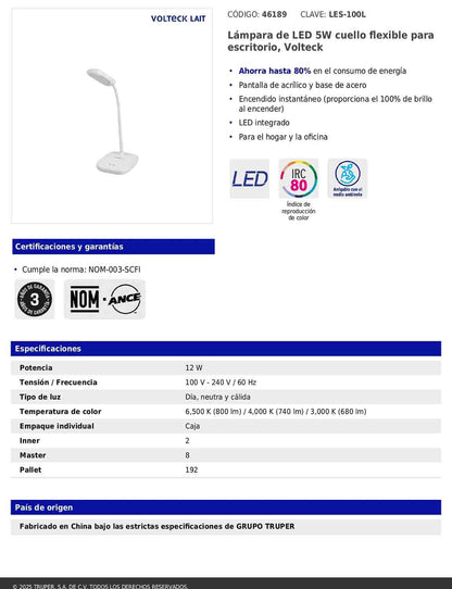 Lámpara LED de 5 W con cuello flexible para escritorio