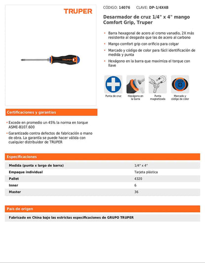 Desarmador de cruz de 1/4 con barra de 10.16 cm y mango Comfort Grip