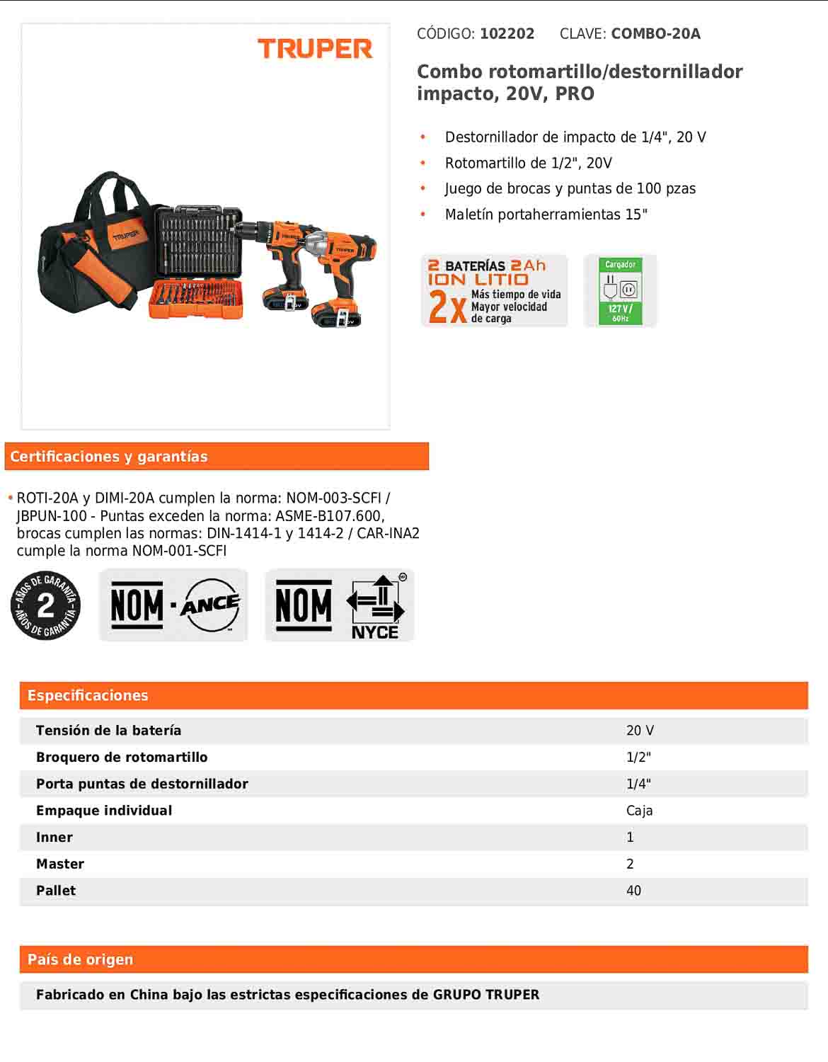 Combo de rotomartillo y destornillador de impacto con batería 20 V