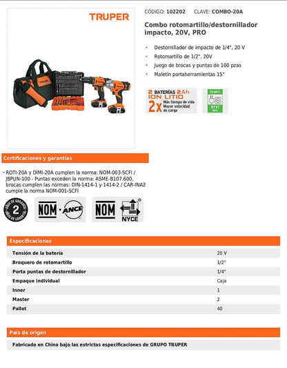 Combo de rotomartillo y destornillador de impacto con batería 20 V