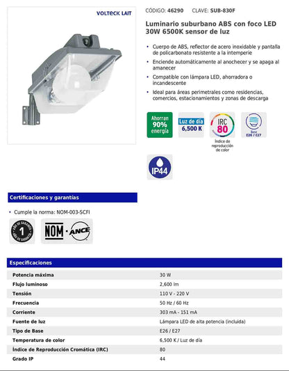 Luminario suburbano de ABS con foco LED de 30 W y sensor de luz